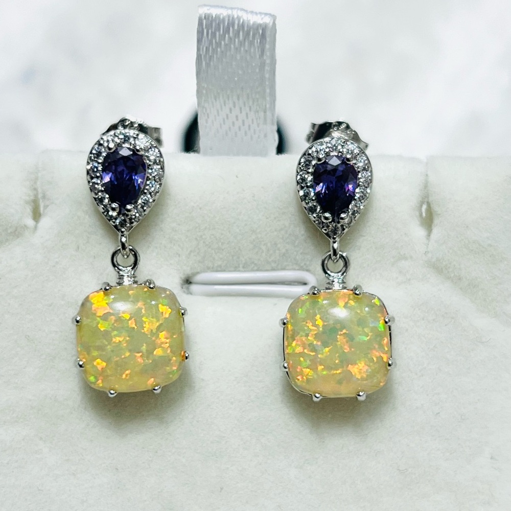 Elegant Silver Opal and Purple Gemstone Earrings